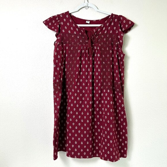 Old Navy Dresses & Skirts - Old Navy Gauze Dress Womens M Burgundy Embroidered Tasseled Flowy Boho Lagenlook